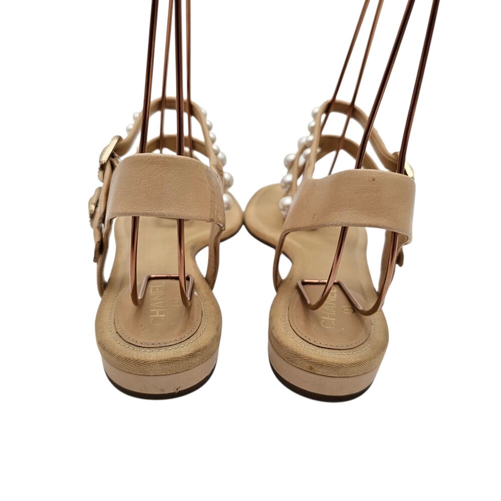 Chanel CC Pearl Flat T Strap Thong Sandal Beige Tan Leather Size 39.5 C US 8.5 9 - Picture 5 of 13